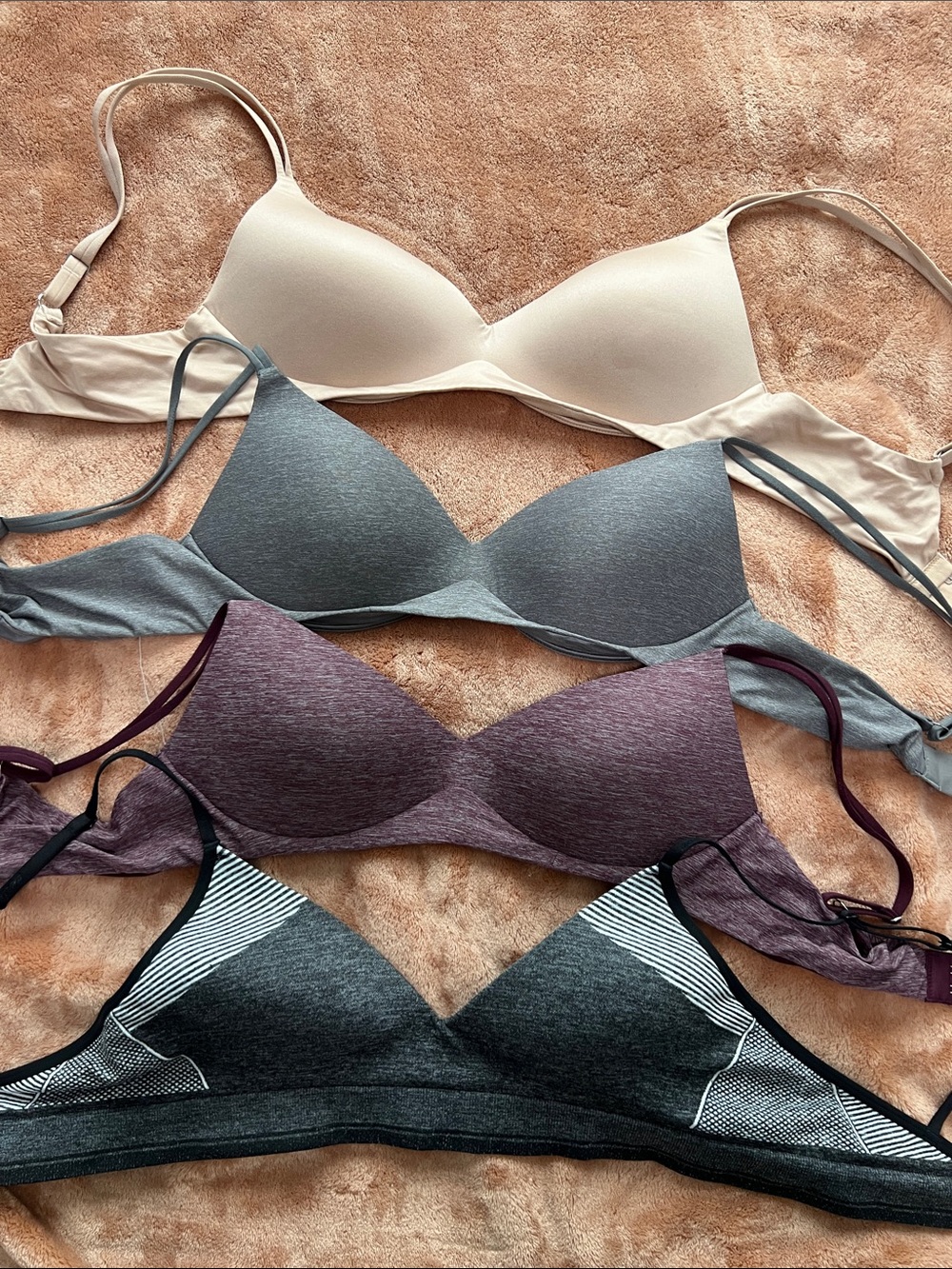 Lot of 4 Aerie Wireless T-Shirt Bra Set — Neutral, Gray, Plum & Charcoal